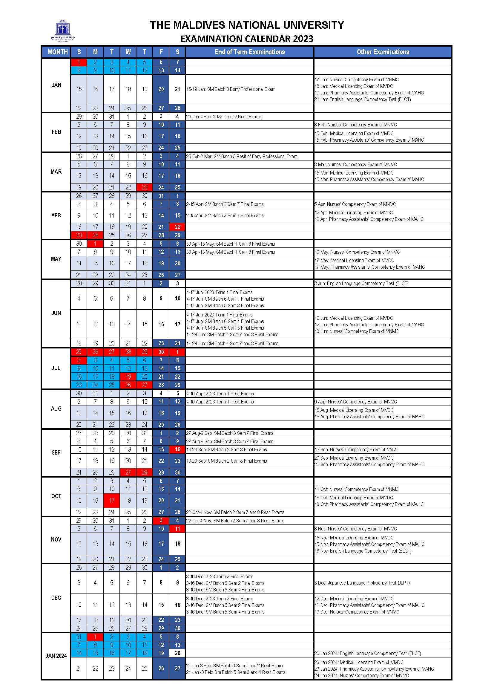 Exam Calendar The Maldives National University   EC2023 